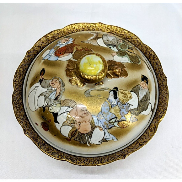 Japanese Kutani Lidded Rice Bowl Vintage Porcelain Seven Lucky Gods - Picture 2 of 7